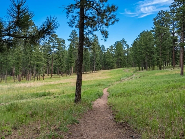 Spring Creek Hiking Trail near Sheridan Lake in South Dakota. View of trail with pines and blue skies overhead.