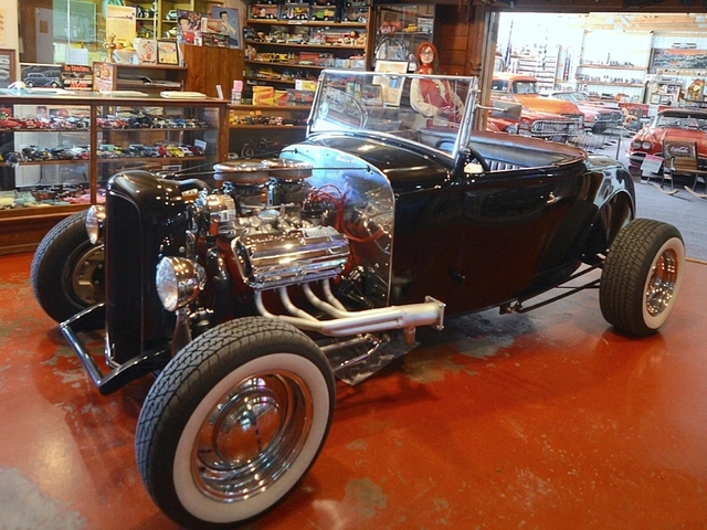 Black custom hot rod at Motion Unlimited classic car museum in Rapid City, SD.