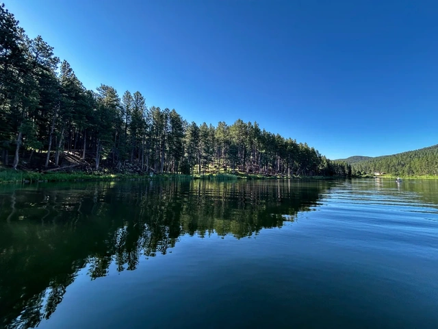 Sheridan Lake in Hill City South Dakota with reflection of the ponderosa pines on the water and blue skies.