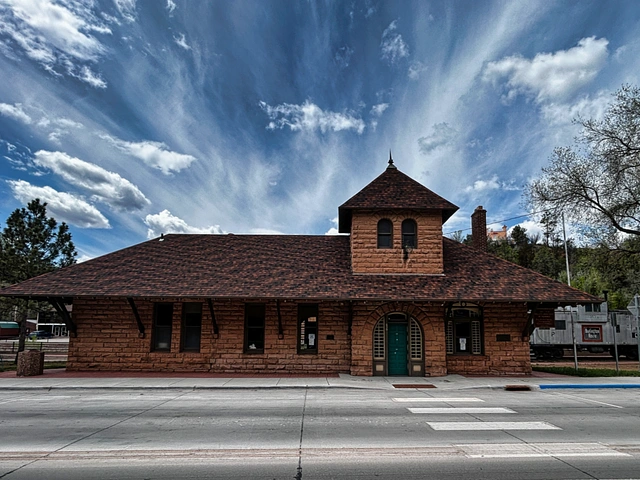 Historic railroad, train station on River Street in Hot Springs, South Dakota.