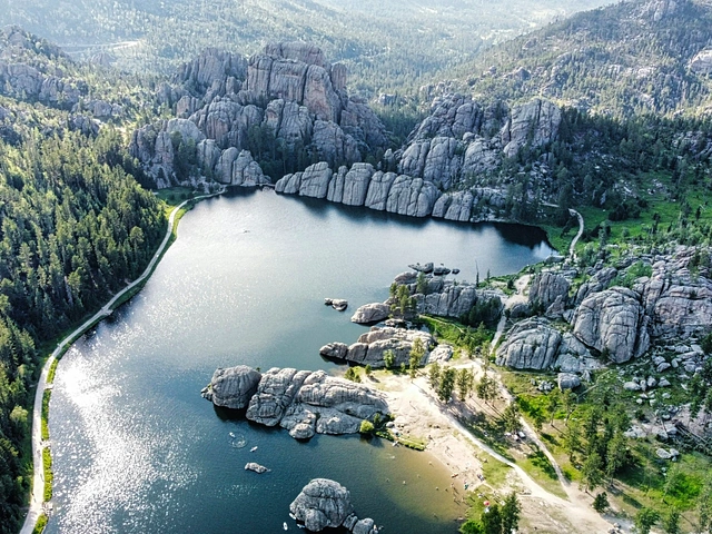 Sylvan Lake aerial view with the Black Hills surrounding it. Custer State Park.