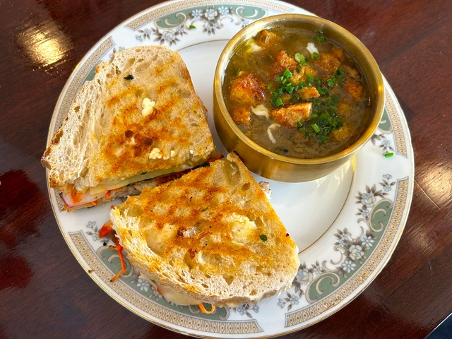 Olifant's bahn mi Sandwich plated with soup - restaurant in Hot Springs, South Dakota.