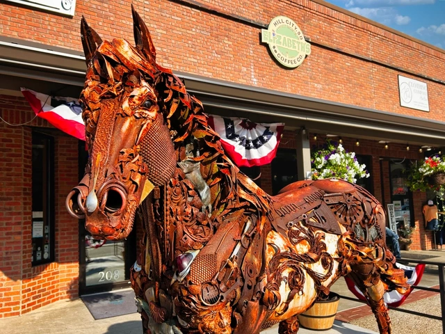 Closeup of Iron Star metal horse statue in Hill City, South Dakota.