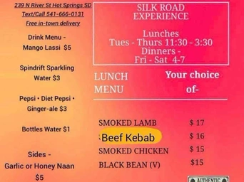 Silk Road Experience menu. Pakistani restaurant in Hot Springs, SD. Mango lassi, smoked lamb, paratha rolls.