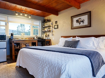 King bed with buffalo watercolor print in cabin rental in Hot springs, SD - Southern Black Hills.