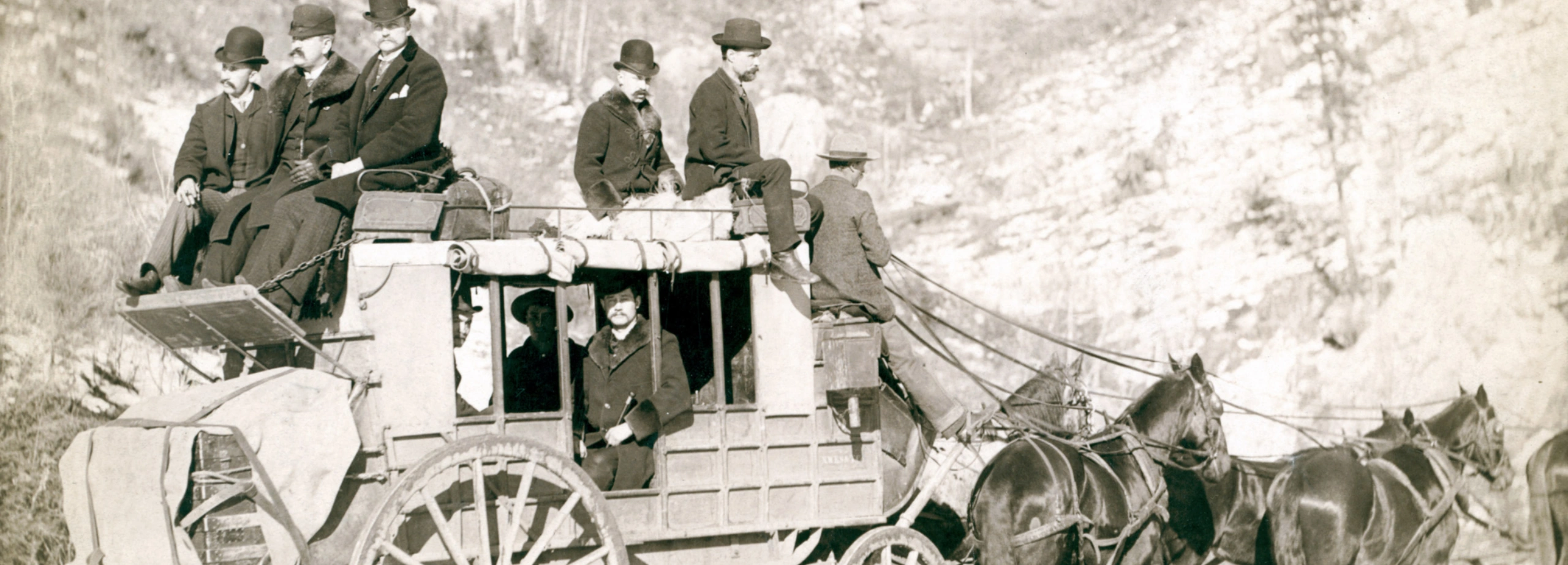 The Deadwood Coach - historic photo of stagecoach in South Dakota's Black Hills.