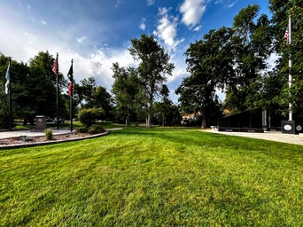 Flags and walkways around the Veteran's Memorial in Spearfish, SD.