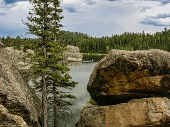 Sylvan Lake, ponderosa pines, and rocks in the Black Hills, SD