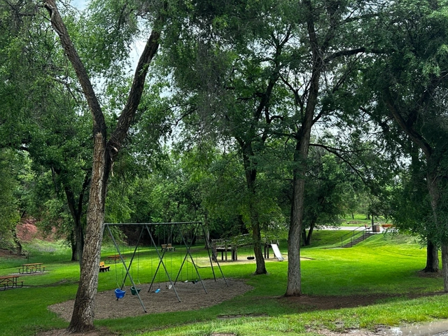 Playground and swing set, grass and shade trees at School St Park in Hot Springs, SD.