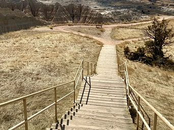 Steps leading to several hiking trails inside Badlands National Park.