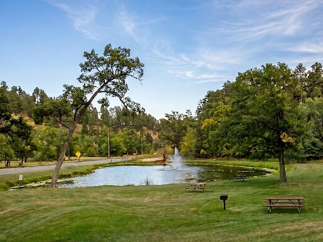 The pond and fountain at Lions Club Park in Sturgis South Dakota.