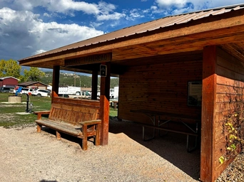 The shelter with picnic table at the Pringle Mickelson Trail bicycle rails to trails system.