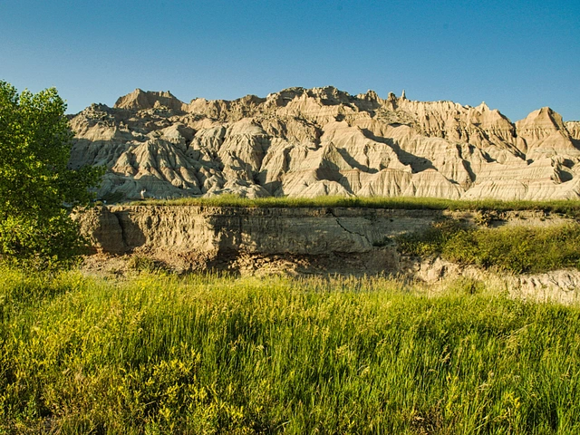 Badlands as seen from the grasslands of South Dakota.