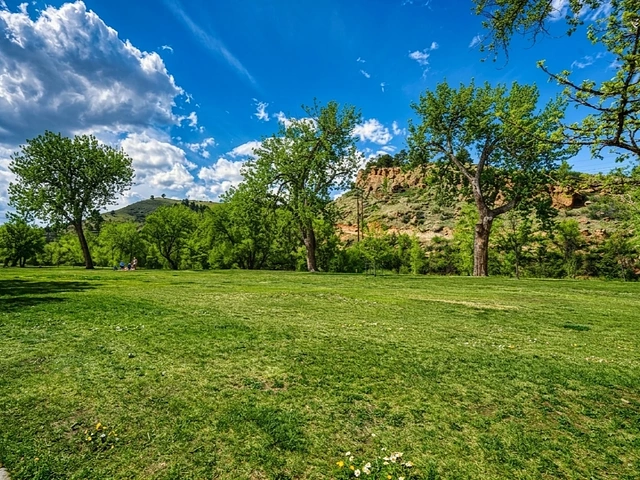 Founders Park in Rapid City - meadow area with trees and Hansen Larsen Memorial Park bike trails in the background.
