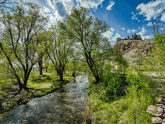 River with trees arching and a picnic table. Blue skies and clouds in Founders Park in Rapid City, SD.