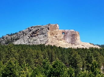 Crazy Horse Memorial from a distance with ponderosa pines in the foreground.