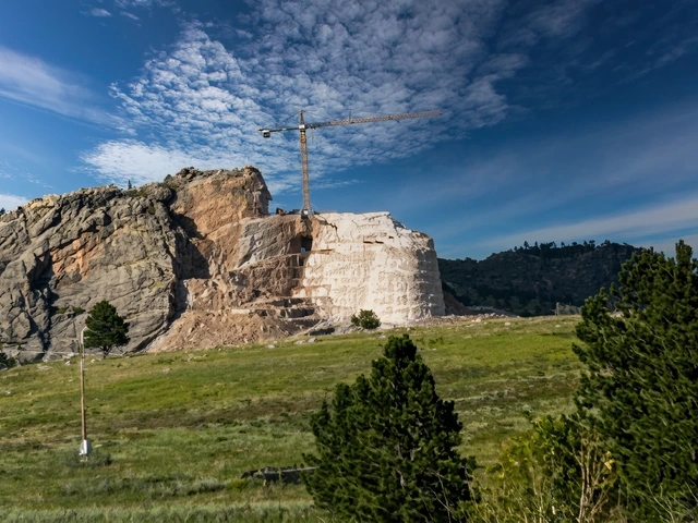 Crazy Horse Memorial carving in the Black Hills of South Dakota as seen from the road.