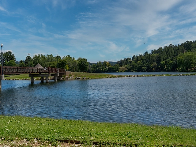 Canyon Lake Park in Rapid City, South Dakota. Wispy clouds, bridge, pine trees.