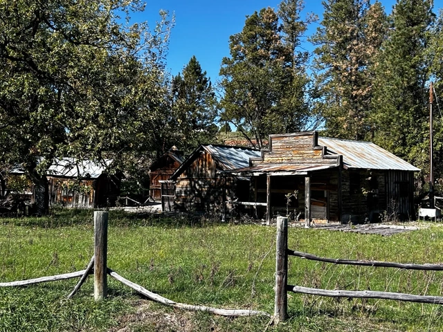 Rockerville ghost town between Mt Rushmore and Rapid City, South Dakota. Old wooden structures.