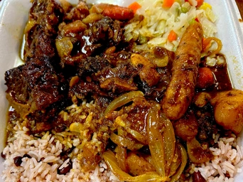 Ox-tail soup to go with a side of rice and beans and steamed cabbage with veggies - A&D Jamaican in Rapid City.