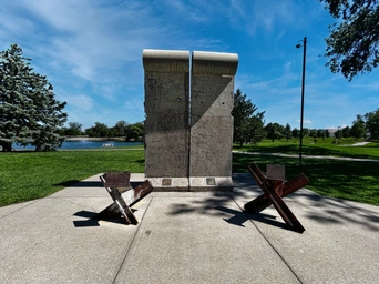 Two pieces of the Berlin Wall on display at the Berlin Wall Memorial in Rapid City, South Dakota.