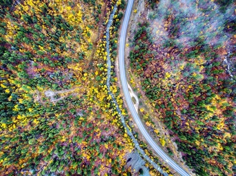 Aerial view of Spearfish Canyon Scenic Byway  at the northern end of the Black Hills. Fall foliage and scattered clouds.