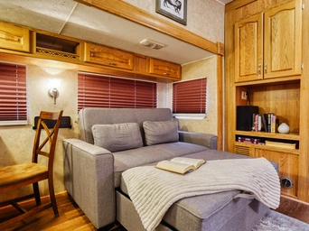 Stationary RV for rent in Hot Springs, South Dakota. Comfy pull-out couch.