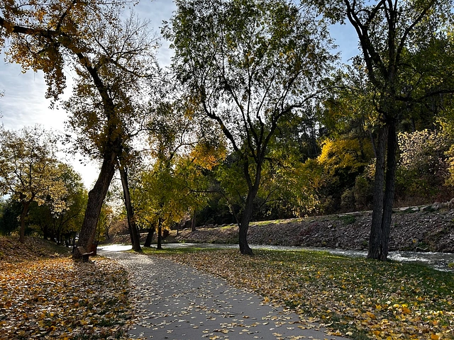 Hot Springs, SD Freedom Trail in the fall with leaves covering the ground and Fall River running alongside the trail.