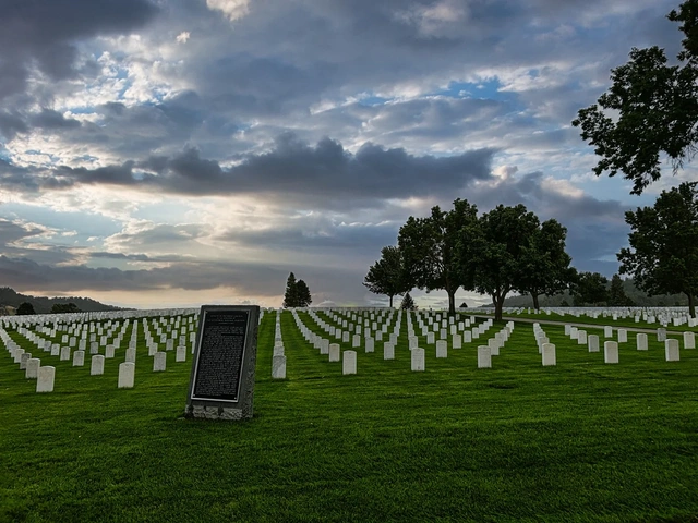 The monument "Address by President Lincoln" in front of solder's graves at the Fort Meade National Memorial Cemetery in SD.