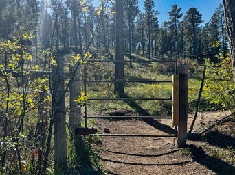 The gate at the beginning of Buzzard's Roost Trail in the Black Hills.