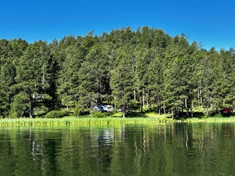 Looking at the campground tucked in ponderosa pines on the shore of Sheridan Lake in the Black Hills, SD.