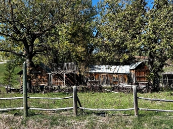 Abandoned wooden structures in Rockerville, SD, a ghost town in the Black Hills near Rapid City.