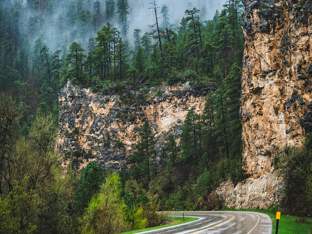Rocky cliffs topped with ponderosa pines in Spearfish Canyon Scenic Byway in the Black Hills.
