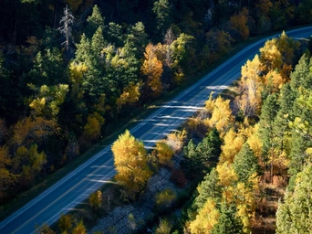 Aerial view of the scenic drive through Spearfish Canyon. Fall, autumn colors as the road winds through the Black Hills.