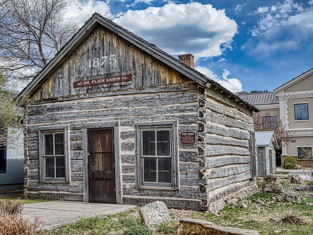 The historic Dr. Flick Cabin, the oldest building in the Black Hills as it sits in Way Park.