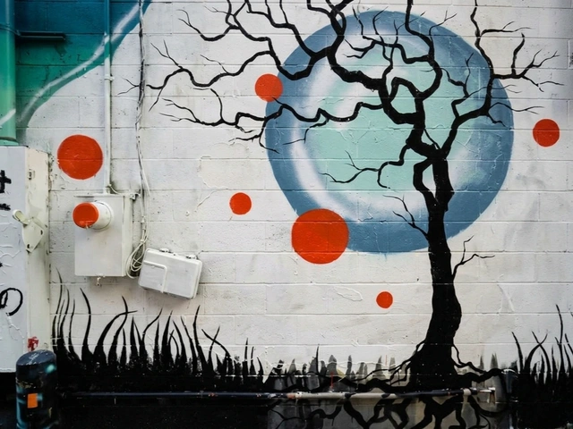 Rapid City's Art Alley graffiti - Tree silhouette. Urban art attraction.
