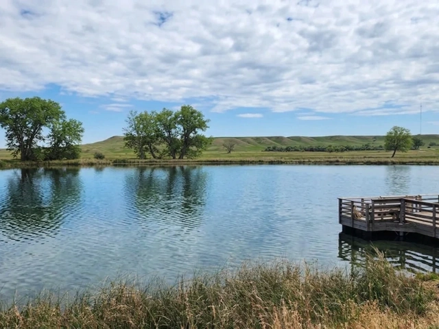 Cox Lake in South Dakota's Black Hills. Fishing dock for tourists and locals to catch trout.