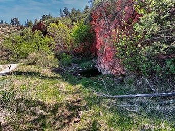 Red cliffs and a watering hole for bison (American buffalo) along the Wind Cave Canyon Trail in Hot Springs, South Dakota.