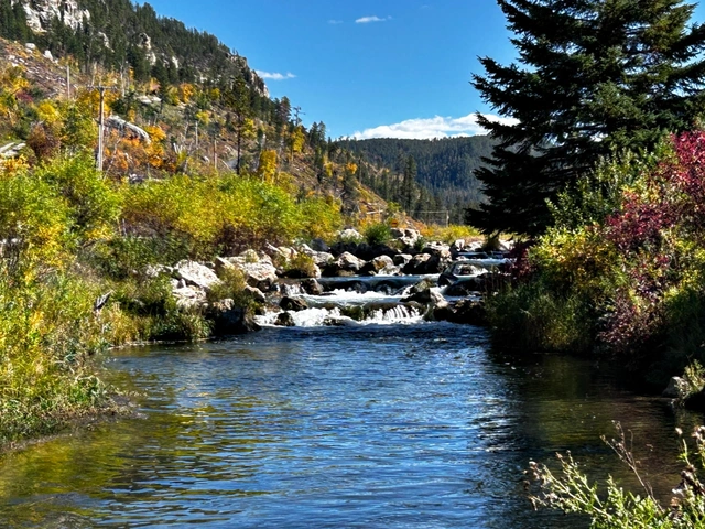 The Fish Ladder waterfall at Savoy Trail and Fishing Pond in Spearfish Canyon, South Dakota.